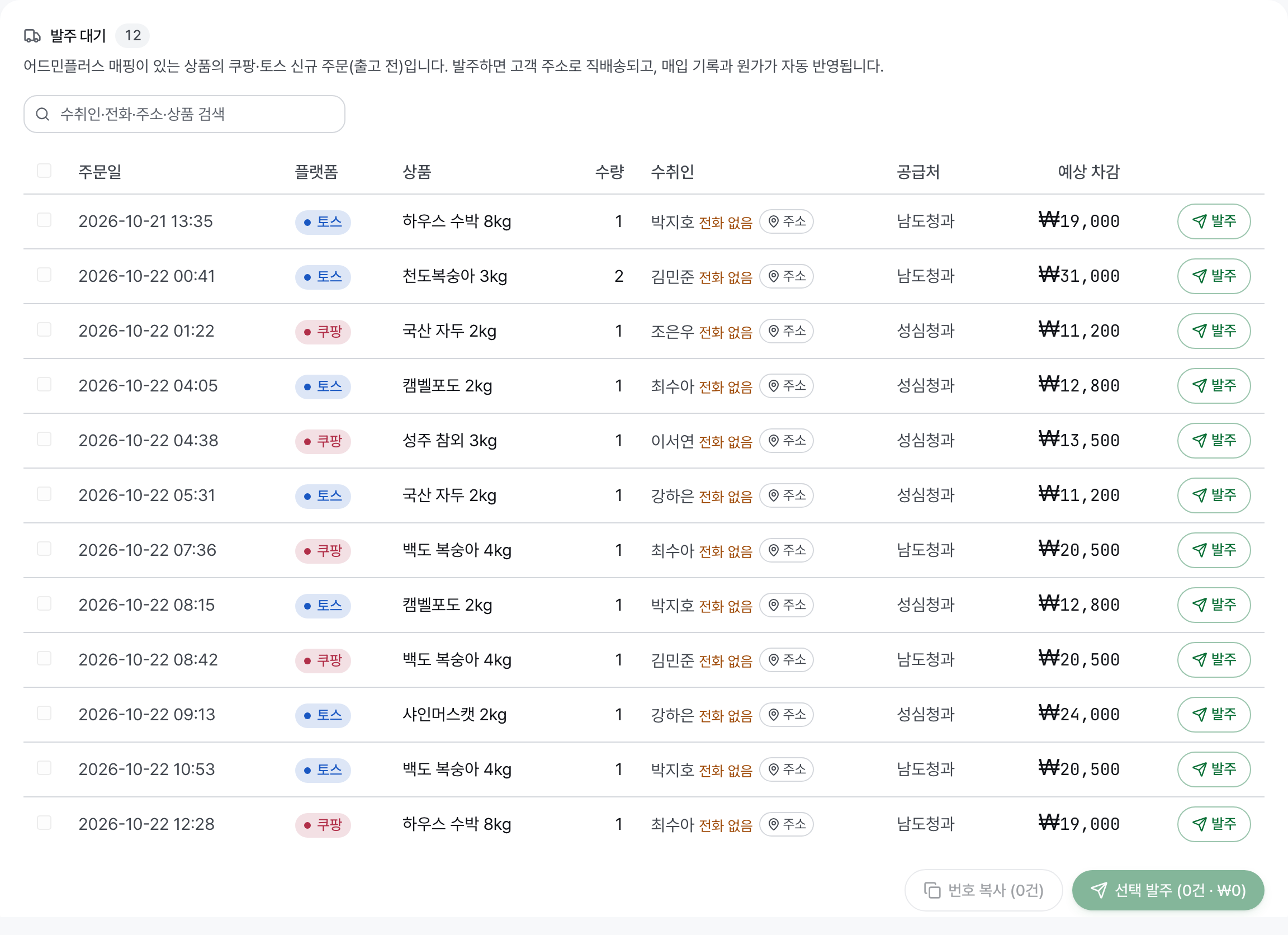 주문일과 상품, 수취인, 공급처, 예상 차감액과 발주 버튼이 있는 발주 대기 목록